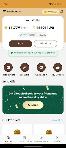Today Gold ऐप डाउनलोड करें – ₹100 से डिजिटल सोना खरीदें और SIP शुरू करें - Screenshot 1