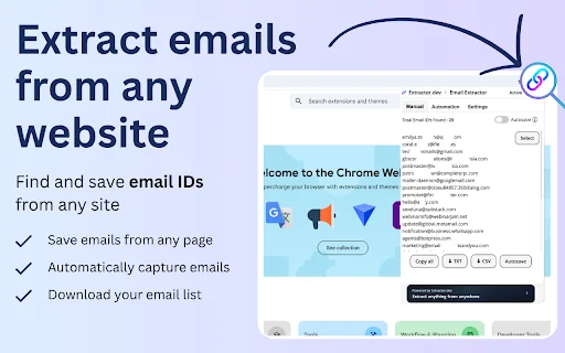 Email Extractor डाउनलोड करें – वेब पेजों से ईमेल निकालें - Screenshot 1
